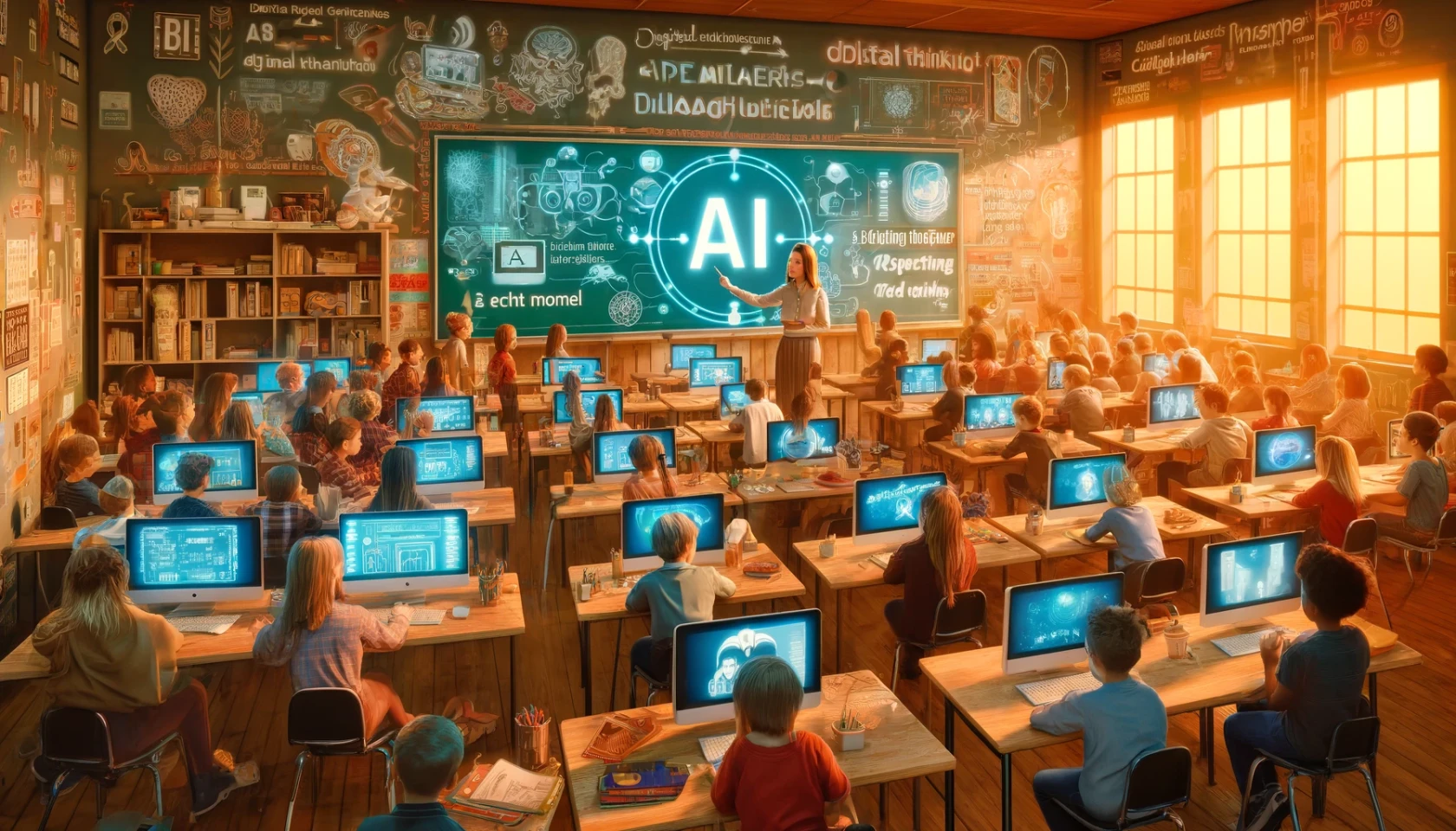 DALL·E 2024-04-10 00.26.43 - A digital classroom setting where a teacher is introducing AI tools to students in a wide format. The room is bustling with activity; every part of th.webp